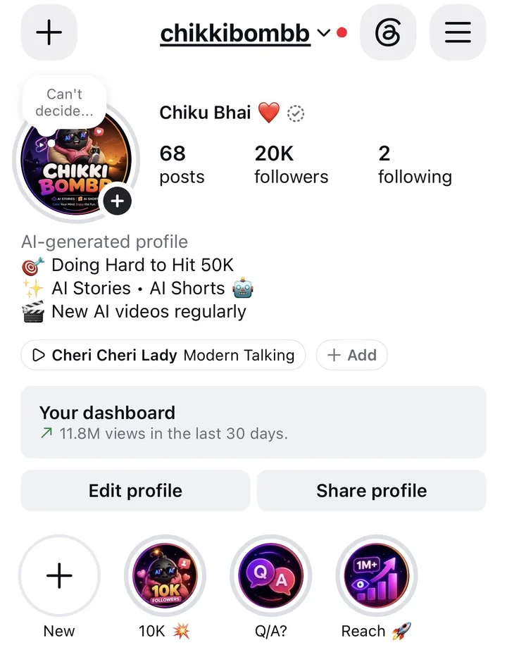 Instagram profile showing 20K followers on chikkibombb