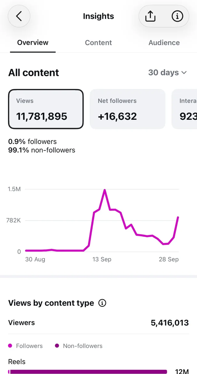 chikkibombb Instagram Insights for the last 30 days: 11,781,895 total views, 16,632 new followers, 99.1% of views from non-followers and about 12 million views coming from Reels