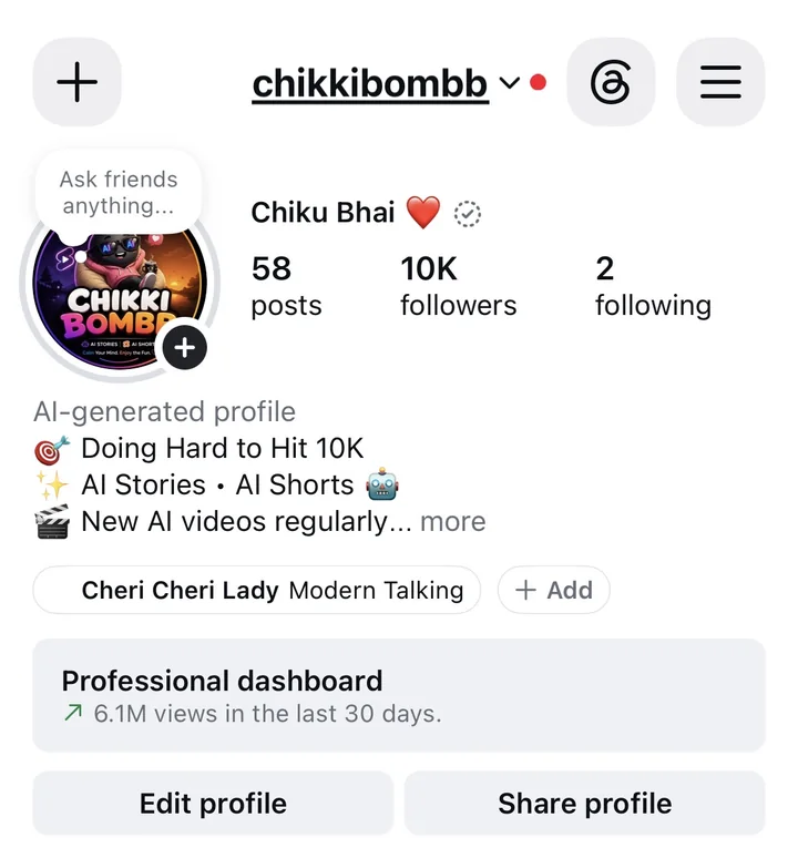 Instagram profile showing 10K followers on chikkibombb