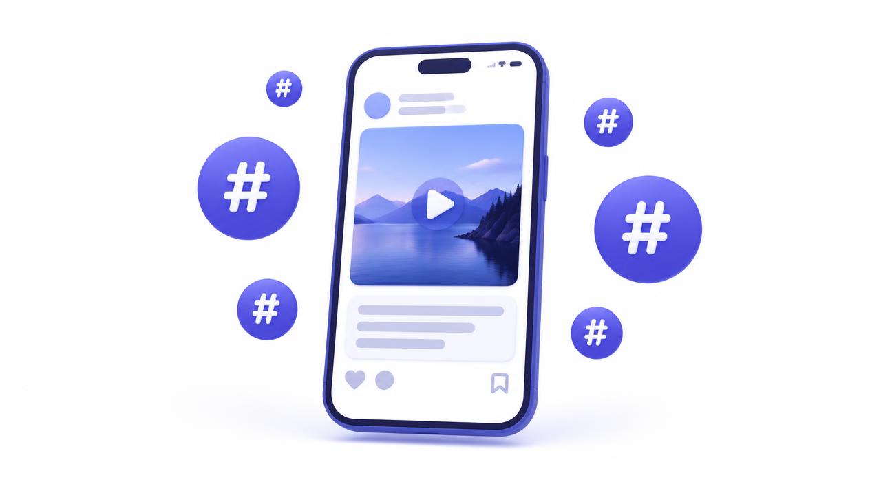 Flat illustration of a caption box with hashtags floating around a phone