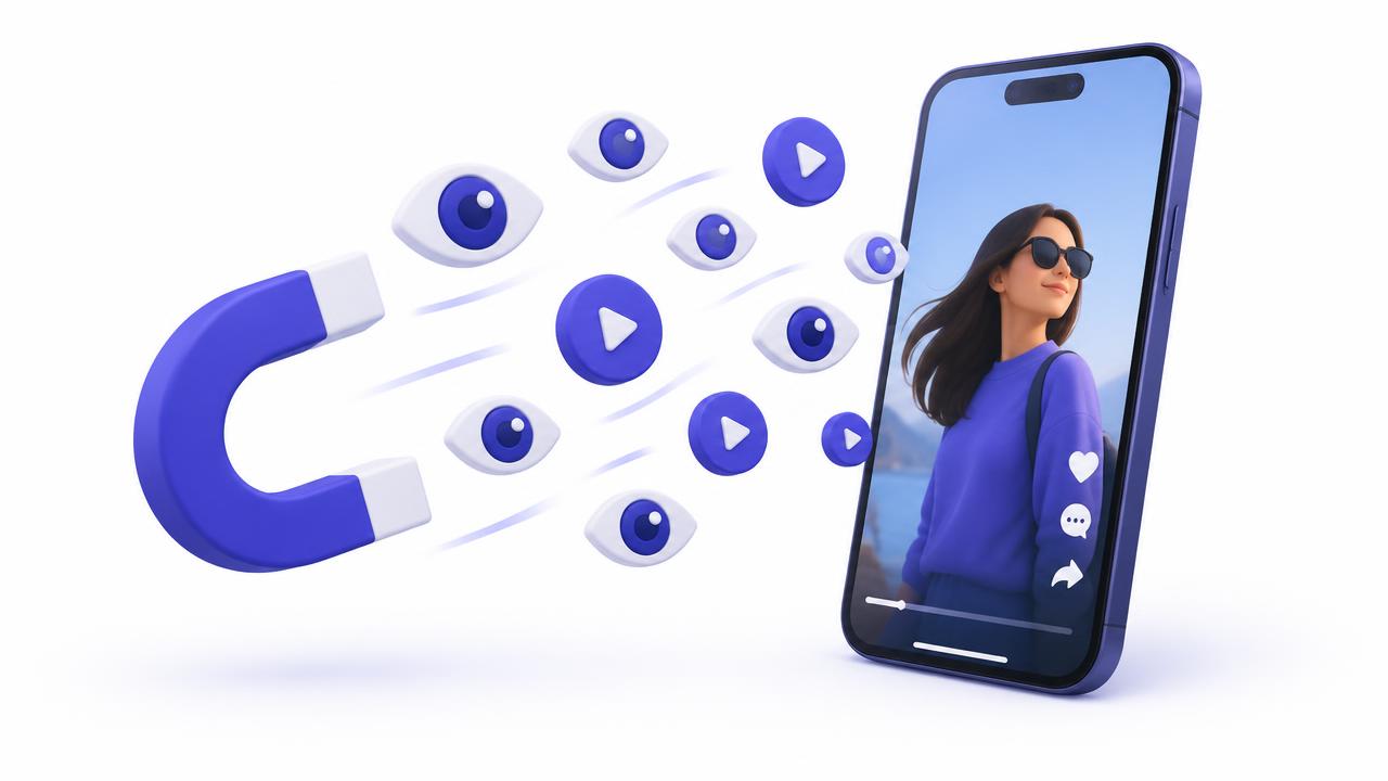 Flat illustration of a phone reel with a fishing hook catching attention