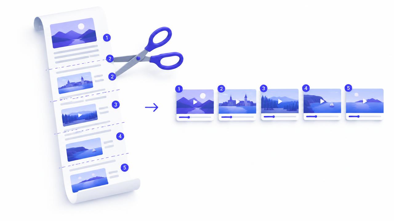 Flat illustration of a story page being cut into numbered video scenes